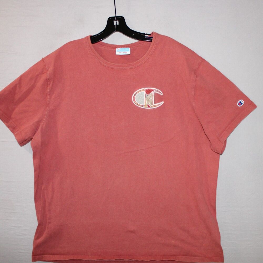 Champion T Shirt 2XL Terracotta Pink Embroidered Logo Patch Casual Heavy Cotton